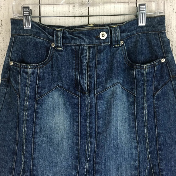 No Fuze Women's Denim Blue Jean Midi Skirt Sz 7/8 - Picture 2 of 8